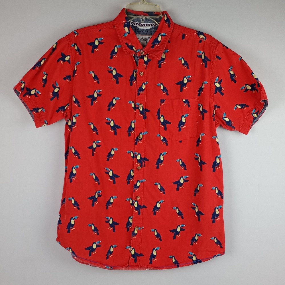 Huntington BC Mens L Red Toucan Bird Print Cotton Short Sleeve Button Down Shirt